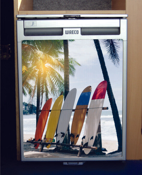 Waeco CRX50 Vinyl Fridge Sticker Wrap Print -Surf Boards On Beach