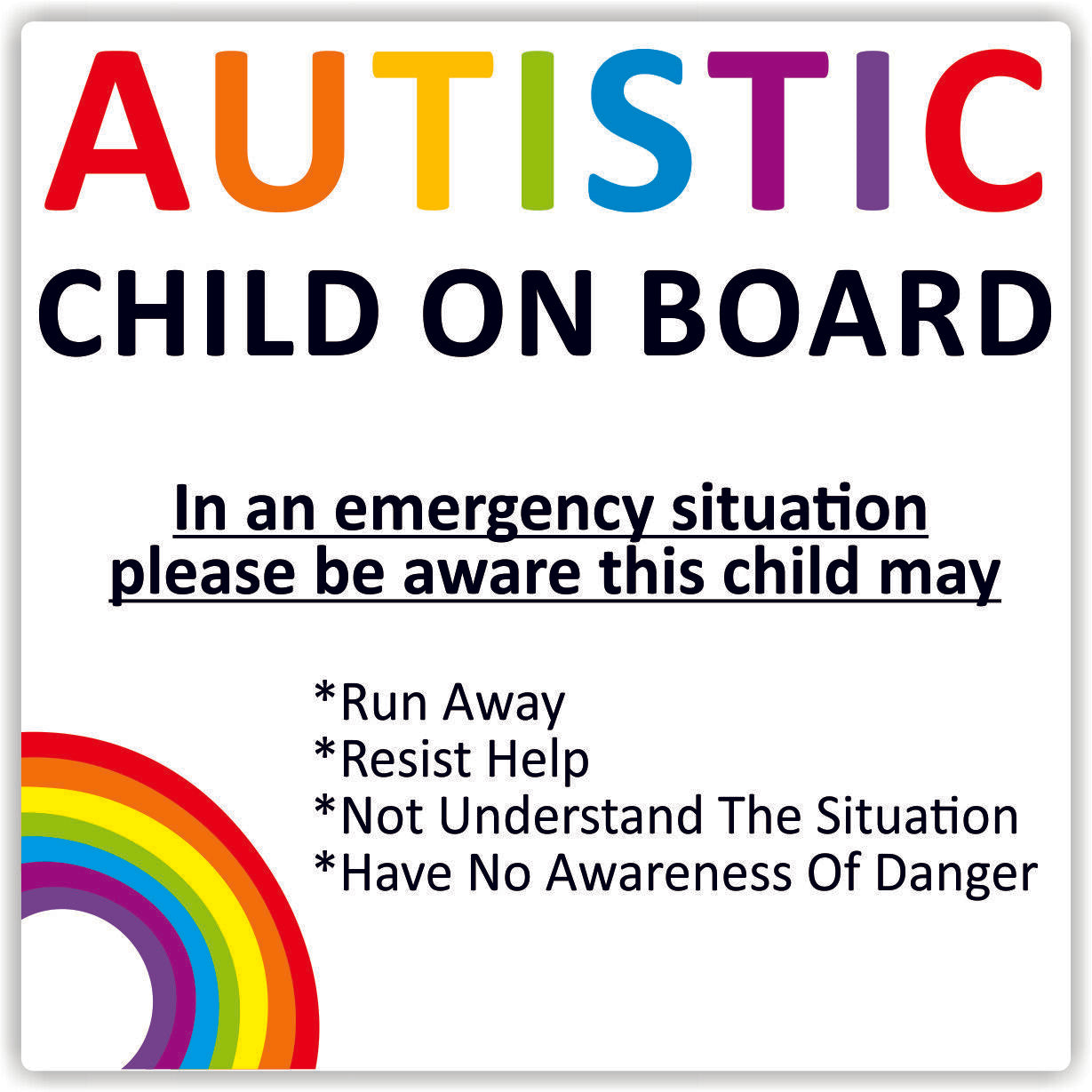 Autistic Child On Board Waterproof Car Sticker Advice/Warning