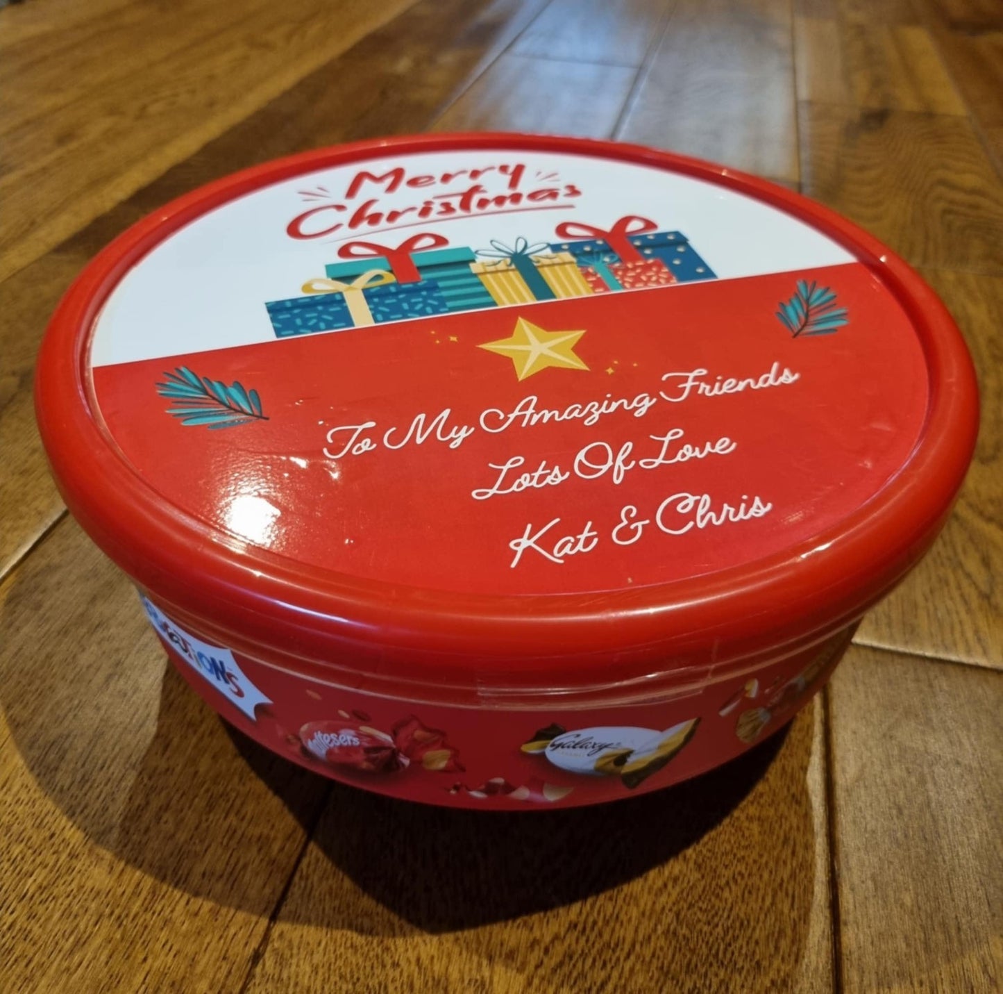 Personalised Christmas Chocolate Tub Label Teacher Grandparents Family Gift