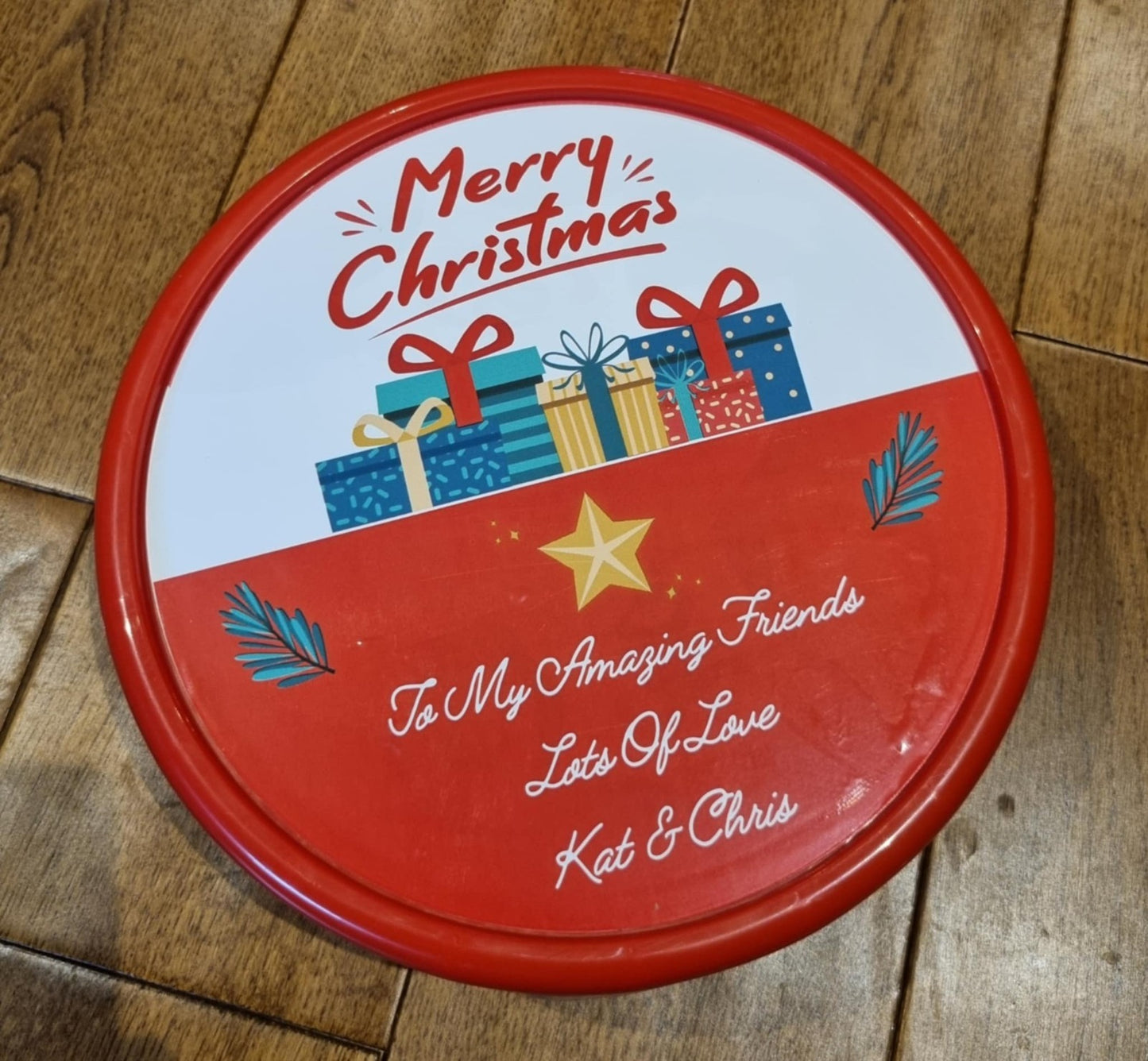 Personalised Christmas Chocolate Tub Label Teacher Grandparents Family Gift